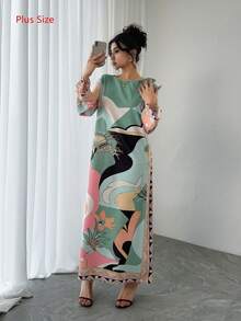 Plus Size Women's Arabic Style Maxi Dress, Luxury Round Neck Long Sleeve Loose Elegant Casual Lightweight Breathable Resort Style Long Dress, Robe, Formal Dress, Traditional Arabic Clothing, Holiday Dress, Evening Gown - Green - View 6