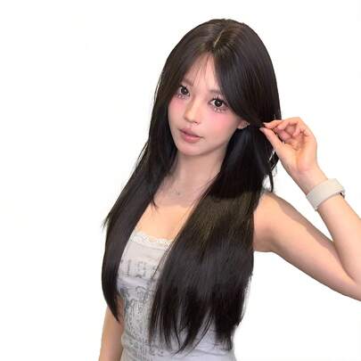 alicegarden 1 Tóc giả tổng hợp chịu nhiệt có mái, tóc giả thẳng màu trà đen, dài 26 feet, làm bằng sợi, thích hợp sử dụng hàng ngày, tóc giả tự nhiên và chân thực.