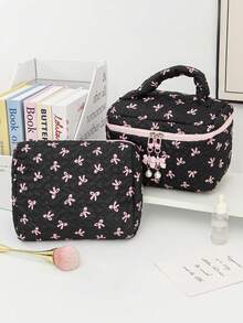 This Pleated Bow Makeup Bag Is Decorated With A Faux Pearl Butterfly Pendant, Has A Casual Large Capacity Design, And Contains A Flat Storage Bag And A Nail Polish Storage Bag, Suitable For Storing Sanitary Napkins, Liners, Wired Headphones, Headphones, Chargers, Lipsticks, Cosmetics And Home Decor Items. - Black - View 6