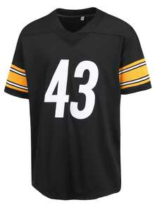 Atonmore 男式 43 号黑色美式橄榄球球衣休闲短袖刺绣缝线 V 领 T 恤派对橄榄球运动上衣