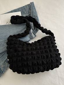 Soft Touch Large Capacity Women's Shoulder Bag, Casual Cloud Shaped Ruched Design, Korean Style New Arrival - Black - View 6