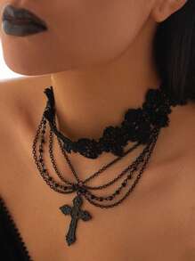 1pc Gothic Style Black Lace Choker Necklace With Cross Pendant & Tassels, Vintage Fashion Collar Necklace