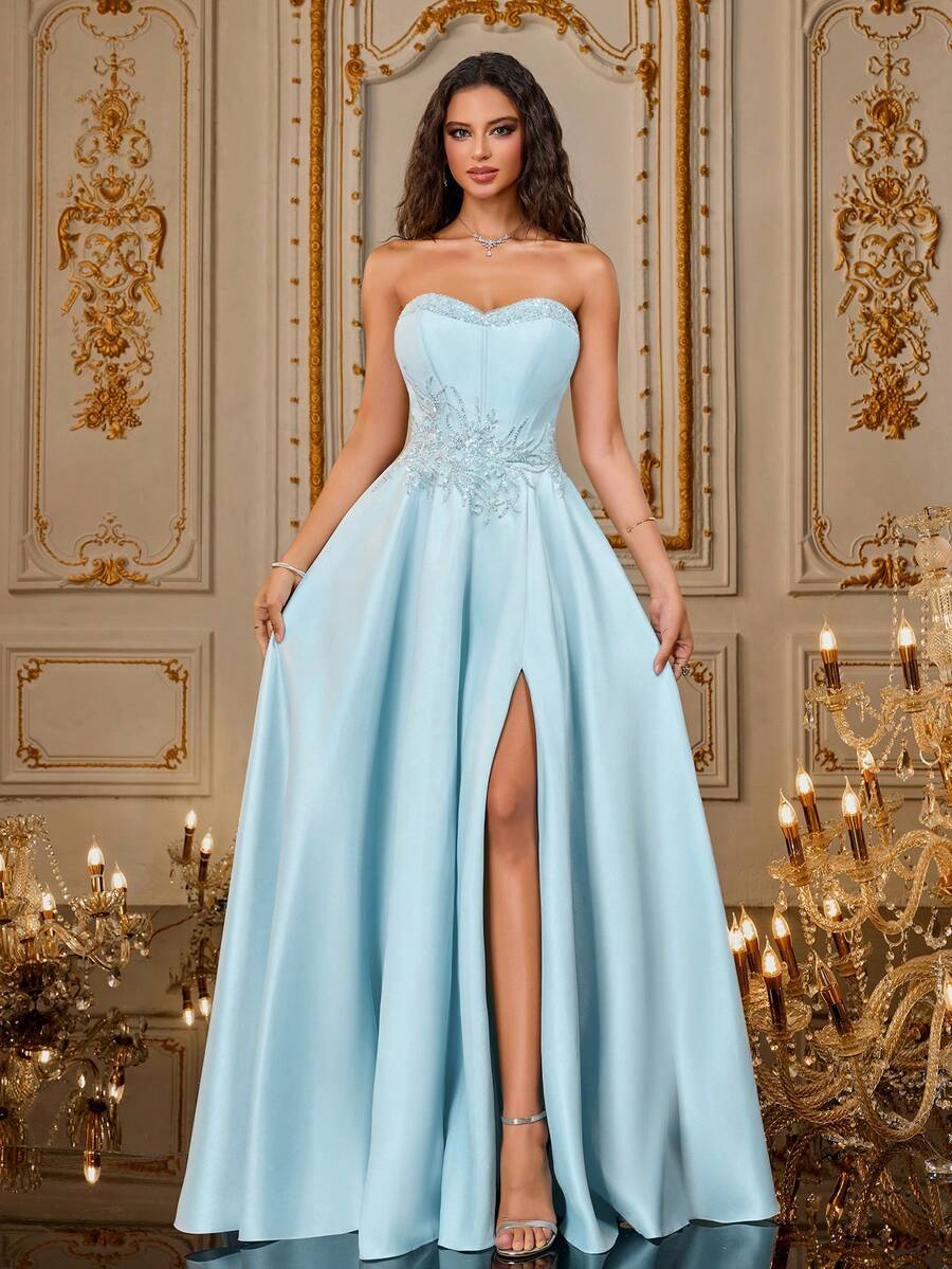 VIPGIRL Đầm dạ hội satin không dây màu hồng nhạt và xanh băng giá, với phần thân áo ôm sát đính hạt và đường xẻ cao, đầm dạ hội thanh lịch, đầm dạ hội kiểu công chúa, đầm phù dâu, đầm dạ hội trang trọng dành cho nữ. - Màu xanh nhạt - Xem 1
