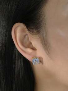 1pair Graceful 925 Sterling Silver Stud Earrings With Dazzling Square-Cut Zirconia, Accessory For Ear Elegant And Refined Jewelry For Every Fashion-Forward Woman, The Perfect Gift For Birthdays Or Anniversaries
