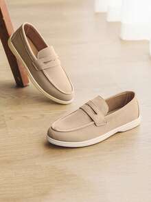 奢华男士便士乐福鞋，米色纯色仿麂皮休闲鞋，柔软舒适，透气鞋底，时尚商务套装，学生毕业典礼，婚礼新郎鞋，适合春、夏、秋季，加大码 Old Money - 米色 - 查看 9