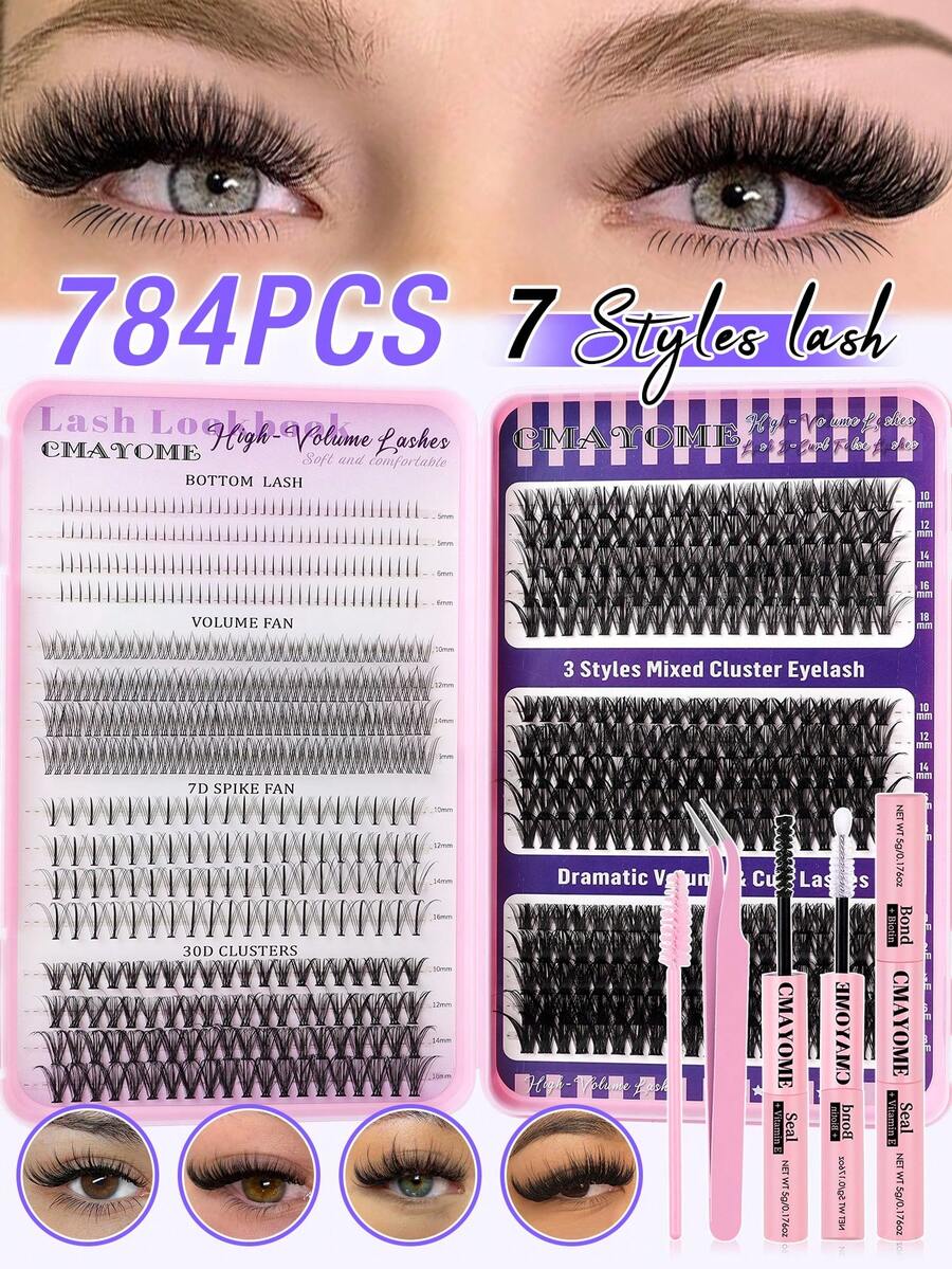 CMAYOME 784pcs D-Curl Flared False Eyelashes Set, 30D+40D+50D+60D Mixed Thick Lashes, Lower Lashes Dedicated, Soft Lash Bundle, Create Natural Eye Makeup, 8-16mm Mixed Length, Lightweight Waterproof Mink Hair 3D Effect False Lashes, Suitable For Natural, Dramatic, Daily Makeup And Costume Play - Pink - View 1