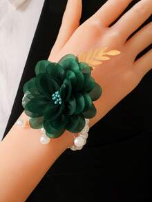 1pc Elegant Green Leaf Wrist Flower Bracelet, Korean Style Bridal Accessory, Bridesmaid Gift, Wedding Party Jewelry, Engagement Prop Valentine's Day Accessories - Dark Green - View 1