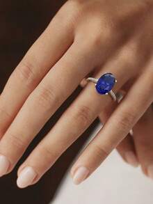 Stylever 1枚925纯银12*8毫米四爪镶嵌椭圆形立方氧化锆戒指，女士时尚结婚周年纪念礼物，精致首饰，日常装饰 - 藍色石 - 查看 2