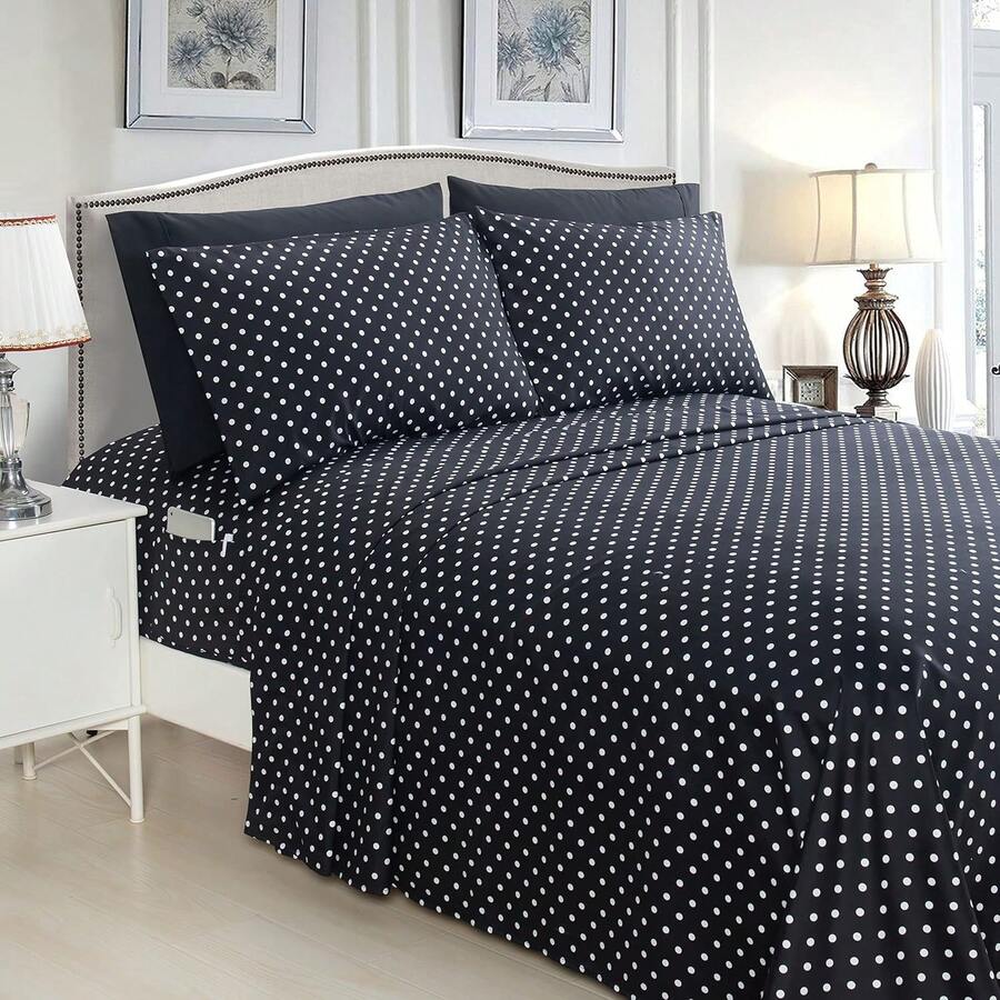 Delilah Polkadot 4-Piece Set, Fade & Wrinkle Resistant, 1500 Premium Hotel Quality Microfiber Deep Pocket Fitted Sheet Featuring Smart Pockets, Polkadot Sheet Set, Twin XL, Black - màu đen - Xem 1