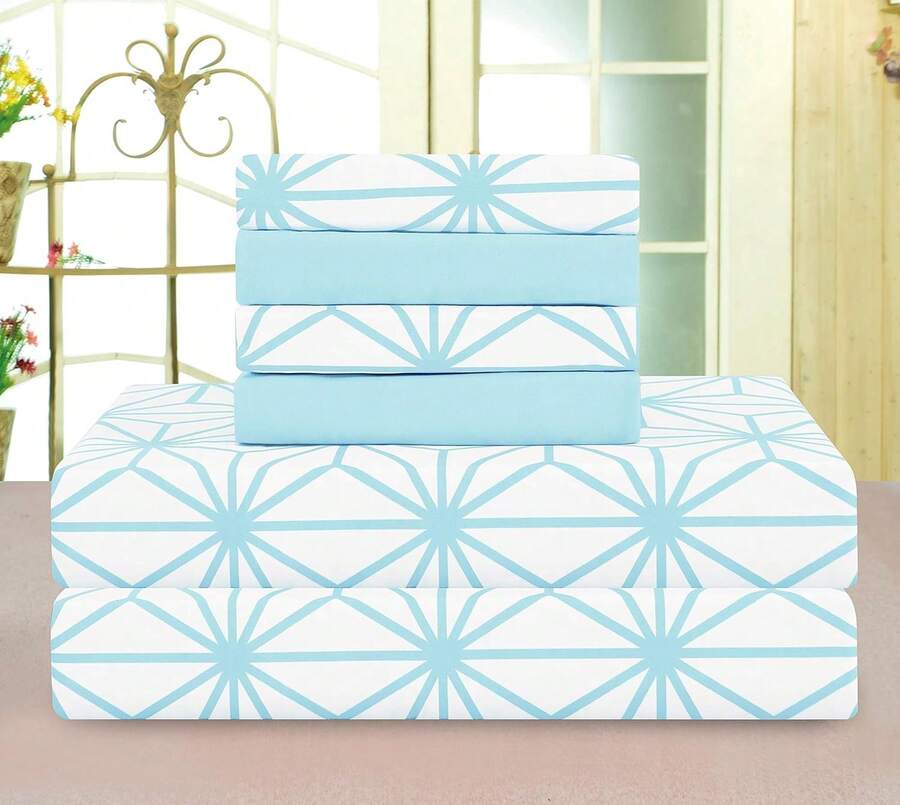 Luxury Soft Bed Sheets Cube Pattern - 1500 Premium Hotel Quality Microfiber Softness Wrinkle And Fade Resistant (4-Piece) Bedding Set, Twin/Twin XL, Aqua - Orange - View 1