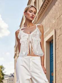 Women's Sequin Tank Tops Stylish Front Tie Ruffled Trim Spaghetti Strap Camisoles For Summer - 白色 - 查看 3