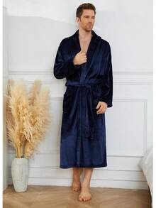 Mens Fleece Robe Plush Collar Shawl Bathrobehalloween - Navy - View 9