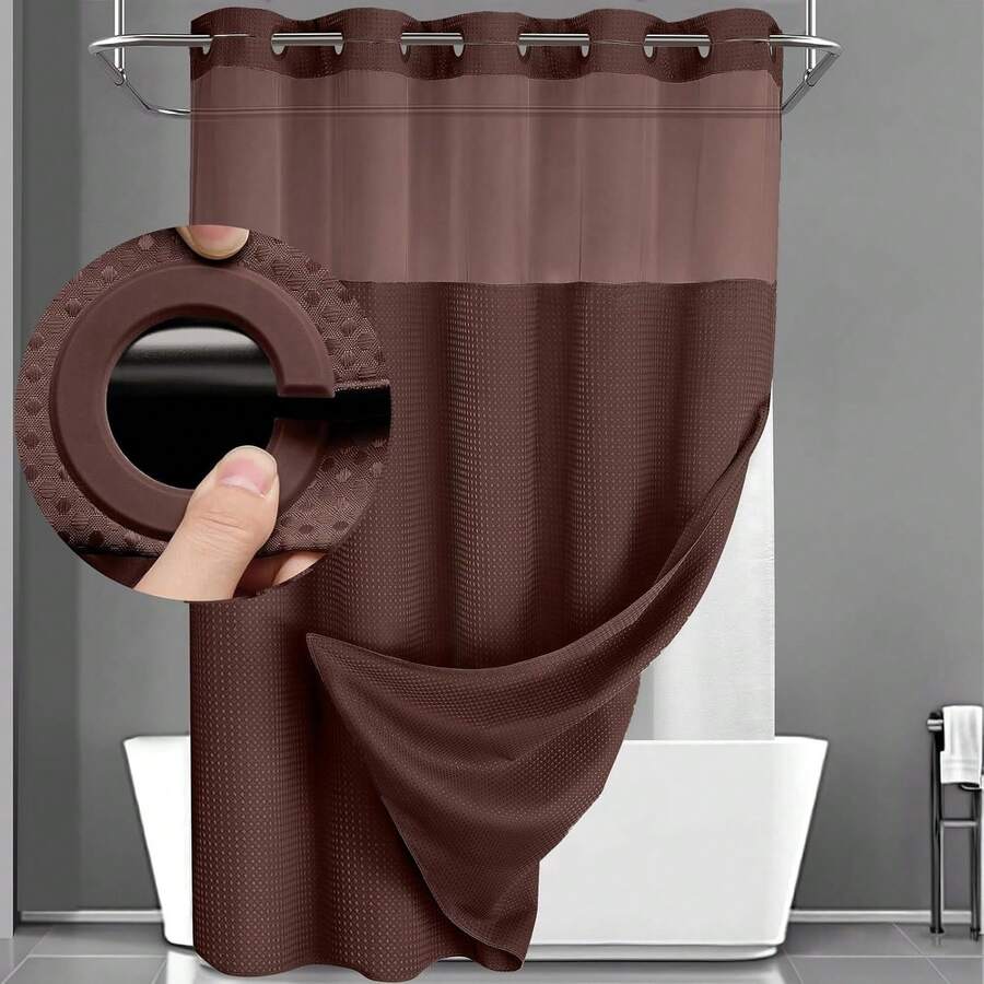 YellyHommy Stall No Hook Shower Curtain With Snap In Fabric Liner Set Less Time White Waffle Shower Curtain For Bathroom 75" L X 60" W - Brown - View 1
