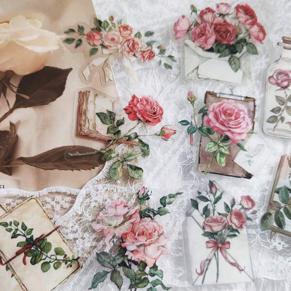 50pcs/Pack Transparent Floral & Letter Theme Stickers, Rose And Text Combination Valentine's Day Stickers, Suitable For Scrapbooking DIY
