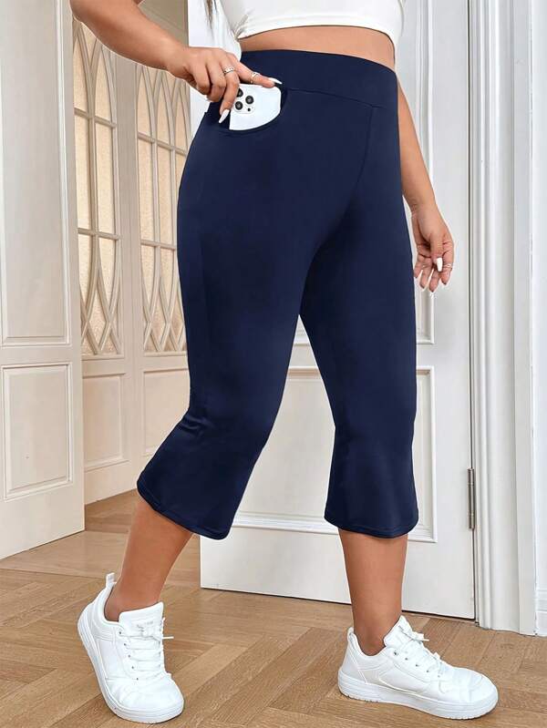 1pc Women Plus Size Flared Pants, Solid Color High Waist Elastic Waistband Slim Fit Yoga Pants, Casual Daily Workout Capri Pants With Pockets