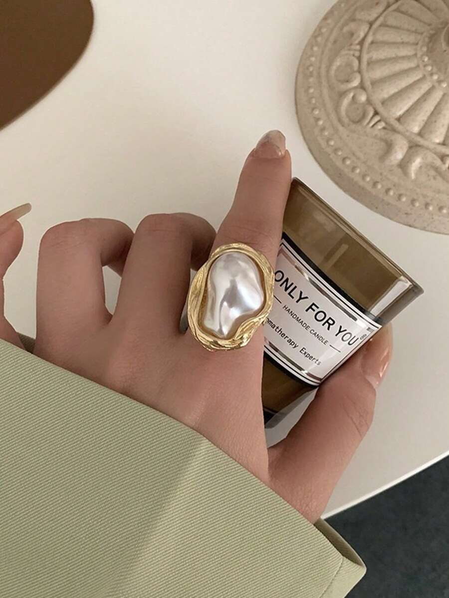 Vintage Irregular Pearl-Look Ring Women's Knuckle Rings, Unique Fashion Open Tail Ring Design