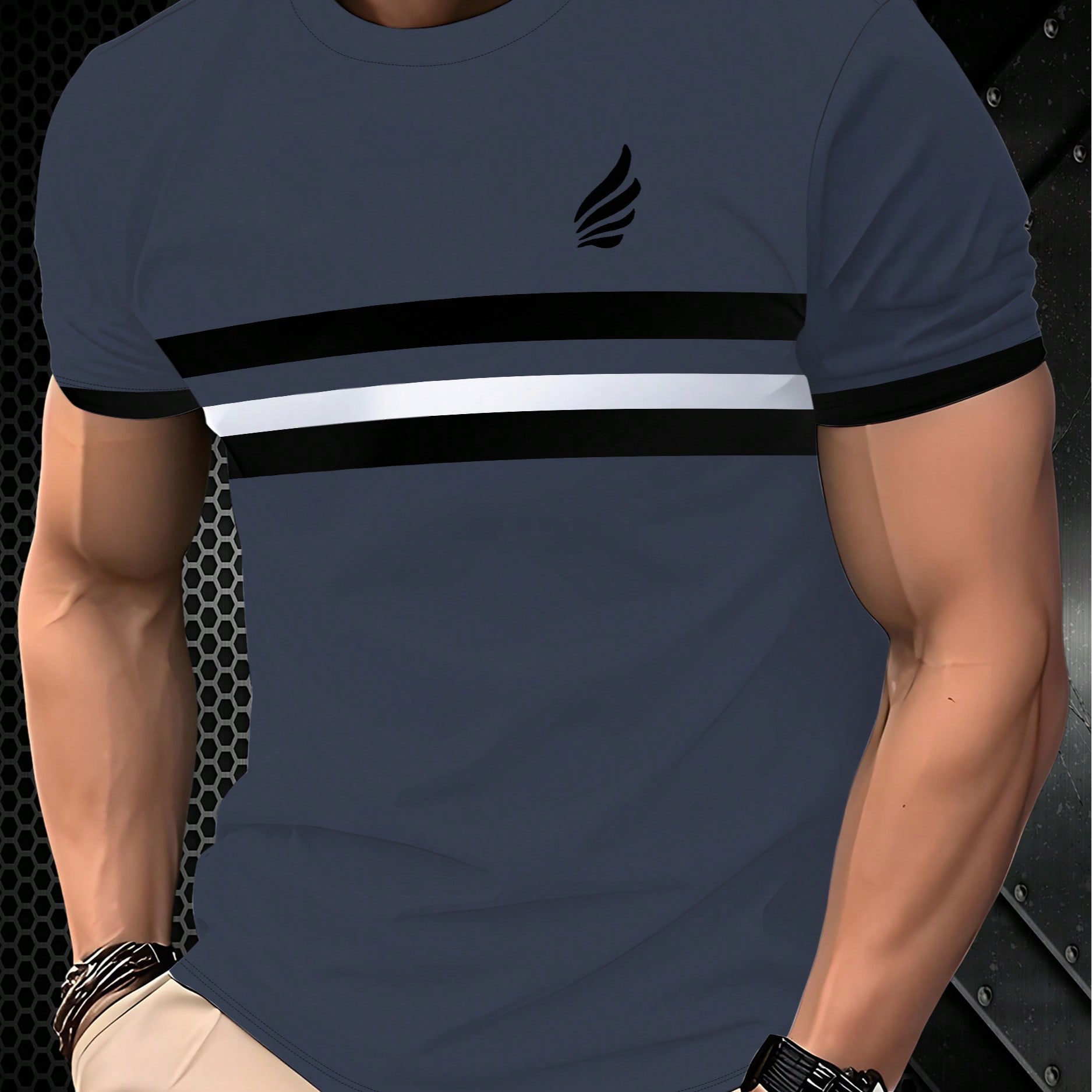 Camiseta de manga corta de cuello redondo con estampado de rayas elegante para hombres, de corte casual y fashionable, 100% poliéster, ajuste regular