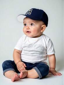 1pc A-Z Letter Adjustable Baby/Toddler Baseball Cap, Kids Sun Hat, Unisex Casual Snapback - Navy Blue - View 2