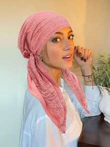 Bestselling Women Lace Edge Elastic Plain Color Muslim Turban Head Wrap Cap For Dress - Multicolor - View 14