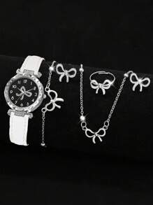 Conjunto de 6 piezas con correa de reloj de piel de PU blanco de moda, caja redonda de plata con patrón de lazo incrustado, reloj de cuarzo, collar, aretes, anillo, pulsera, mejor regalo de cumpleaños para ella, versátil para uso diario, fiesta, regreso a clases