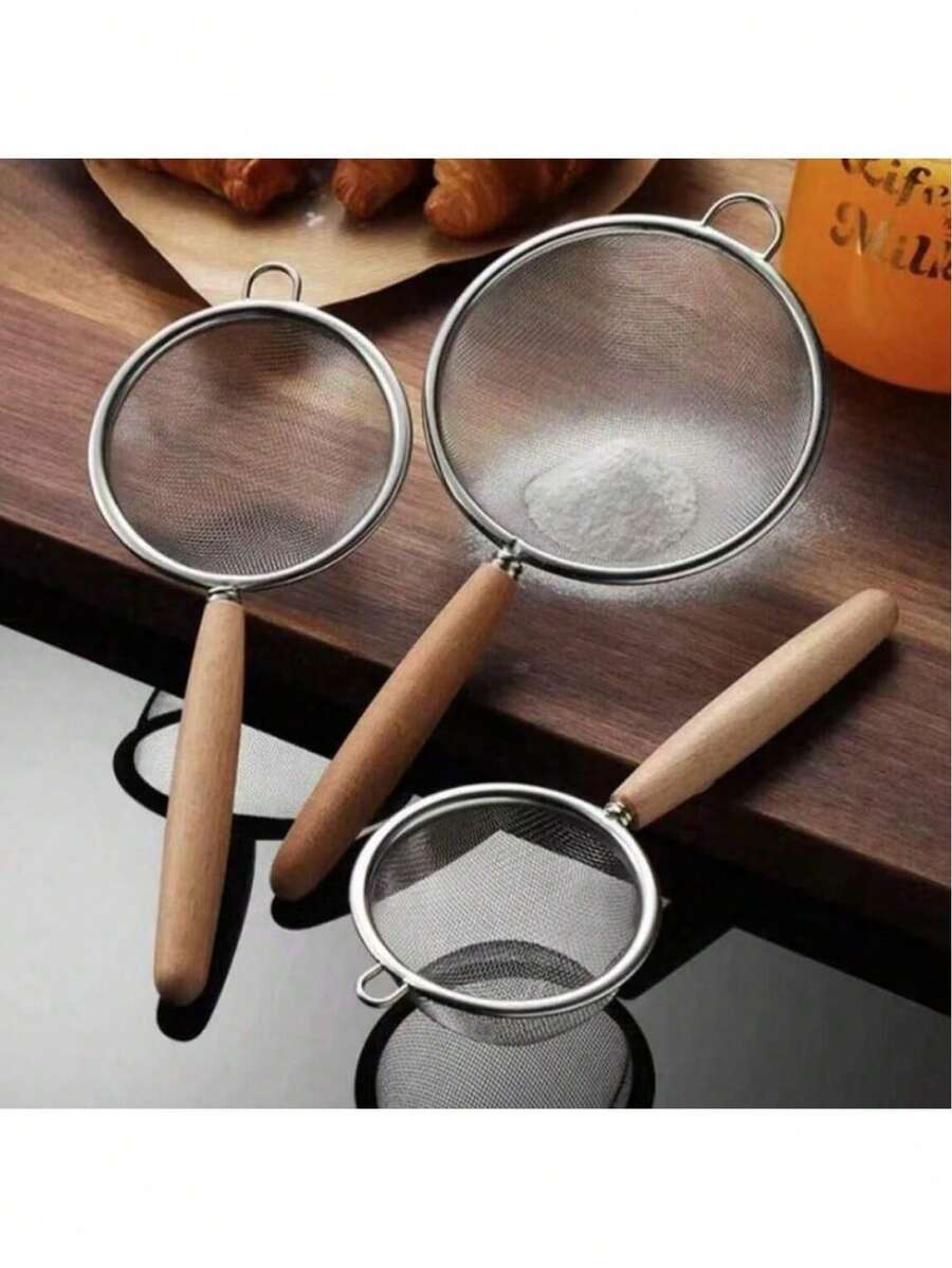 1 件不锈钢细网厨房滤网，带木柄的撇油器，耐用面粉筛烘焙工具 - 銀色 - 查看 1