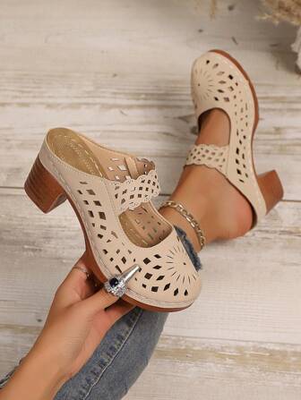Sandalias de tacón alto vintage bohemias y elegantes con abertura de punta, tacón cuadrado, parte superior de material sintético, suela de EVA, arco con cordones cómodos, con relieve floral, cómodos zuecos de tacón apropiados para todas las estaciones