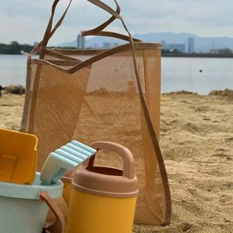 尼龙网眼手提包，休闲手提包，沙滩玩具包，超大沙滩手提包，透明网眼单肩包，时尚轻便大容量沙滩包，可折叠玩具收纳包，旅行网眼手提包，防沙编织单肩手提包，用于存放沙滩游戏的玩具、贝壳、衣服和毛巾，适合海滩野餐和度假