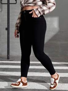 Talla grande pantalones vaqueros ajustados negros, estilo sexy y cómodo para looks diarios