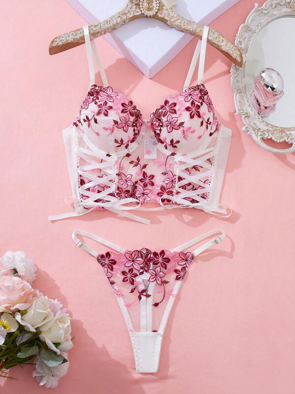 2-Piece Set: Embroidered Trim & Tie Side Top Paired With Matching Trim Pants - Sexy & Fashionable