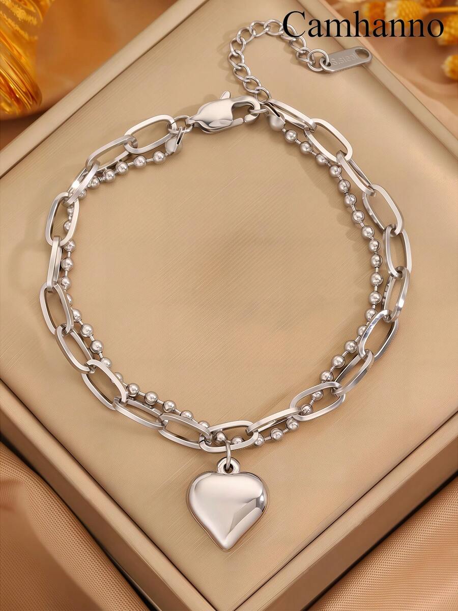 Camhanno 1 件前卫银色不锈钢手链，具有独特的心形设计和优雅的特点，适合派对礼物和休闲穿着，风格可爱，风格简约，可作为备用配件