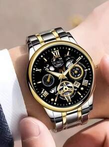 Relógio masculino de escala romana, modelo fashion, 1 peça | Pulseira de aço inoxidável e movimento de quartzo com calendário, relógio masculino de disco grande | Adequado para presentes de aniversário, presentes de formatura, presentes de Halloween