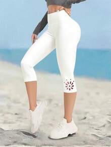 Lynfun Women's Soft & Comfortable 3/4 Leggings, Outdoor Sports Fitness Running Tight Pants, Supple Stretch Pilates Yoga Pants, Printed Athletic Wear - White - View 2