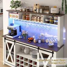 63"W Farmhouse Coffee Bar Cabinet With USB Powered LED Light,Wine Bar Cabinet W/ 4 Tier Storage Hutch,Kitchen Buffet Cabinet W/Sliding Barn Door & 15 Wine And Glass Racks For Kitchen Dining Room - White - View 5