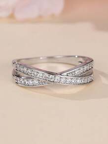 1 pièce Bague minimaliste croisée incrusté de micro-cubic zirconia, bijou de mode cadeau pour épouse/amie