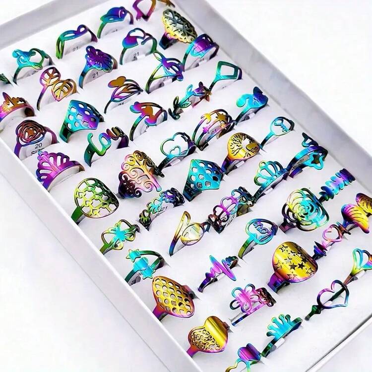 paquete de 20 anillos de acero inoxidable con diseños minimalistas y calados para mujeres, estilos mixtos de anillos con diseños personalizados y huecos para pareja, para fiestas/uso diario, joyas de moda, mejor regalo, envío aleatorio - Multicolor - Añade 9