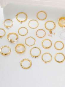 21 pièces/set Bague en métal avec cœur, papillon, étoile, faux-perles, strass, géométrique, ajouré, tressé, croisé, large. Ensemble de bagues à la mode, simples, élégantes, vintage. Cadeau pour les festivals, les vacances, les fêtes, l'usage quotidien