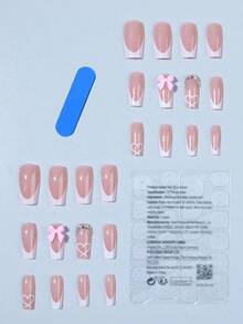 24pcs/Set Long Coffin-Shaped White French Acrylic Nail Stickers, Pink Bow & Heart Pattern With Rhinestones, Includes 1 Gel Polish And 1 Nail File, Suitable Women And Girls, Daily And Party Nail Art Supplies - Nhiều màu - Xem 2