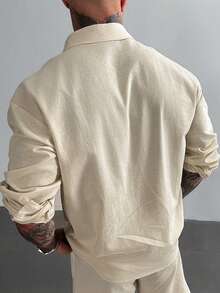 GloMan 男士 100% 亚麻棉混纺衬衫 - 透气落肩纽扣衬衫，纯色宽松版型，从度假到办公场合皆宜，适合海滩婚礼、鸡尾酒会和夏季通勤，父亲节送给爸爸/丈夫的礼物，黑色男士衬衫。送给妈妈的礼物 - 杏色 - 查看 5