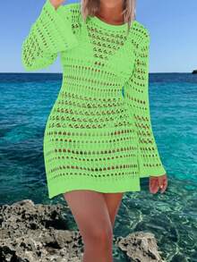 Damen Vanille Grün Hohlmuster Rückenfreies Langarm Häkel Strandkleid, Boho Strandstil, Frühling/Sommer - Lindgrün - Übersicht 8