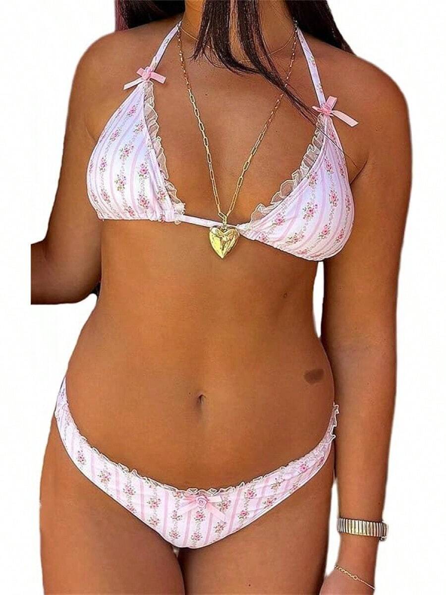 Alyweatry Women Y2K Bikinis Sets Coquette Aesthetic Bows Halter Tie Up Bikini Top High Cut Elastic Waist Bikini Bottom - 荷葉邊花卉印花 - 查看 1