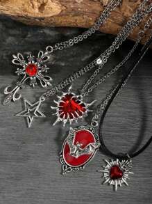 5 Stücke/Set Y2K Retro Goth Punk Rock Stil Strass Kreuz Dorn Herz Edelstein Fledermaus Feuer Herz Stern Edelstahl Ketten Halsketten, Boho Chic Herz Schloss Anhänger Halsketten Set