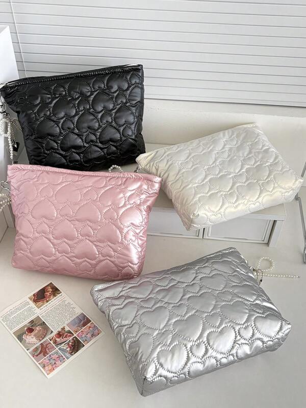 Gloss Heart Shaped Makeup Bag, Solid Color, Minimalist, Large Capacity, Soft Fabric, Heart Quilted, Zipper Design, Vintage, Portable For Women, Home/Travel Use