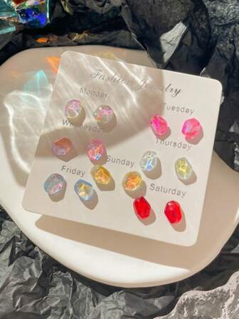 14pcs/Set Dreamy Mocha Meteor Laser Earrings Set, Women's Daily Accessories