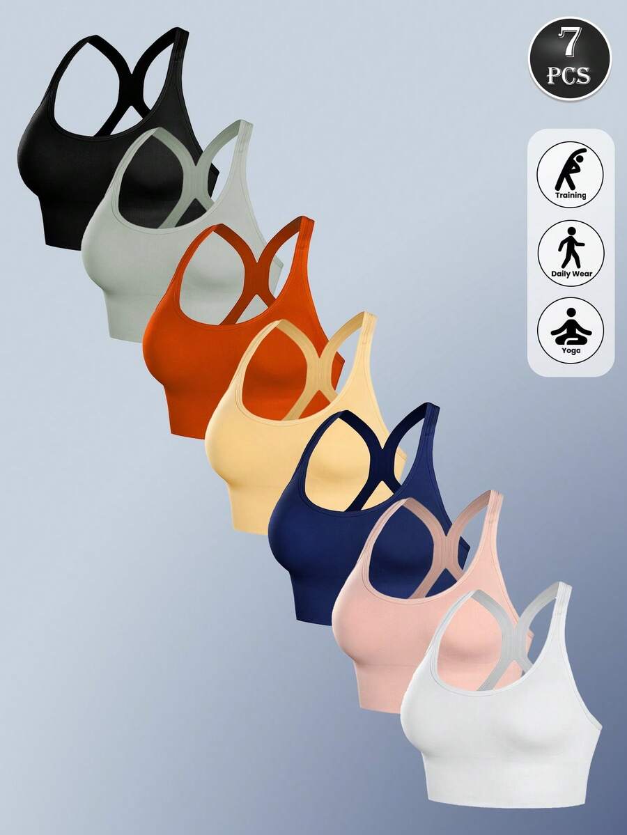 7-Pack Seamless Sports Bra With Shockproof And Push-Up Function, Perfect For Running, Yoga And Exercise, Beautify Your Back, Thin And Comfortable, Wire-Free Design, Lingerie - 彩色 - 查看 1