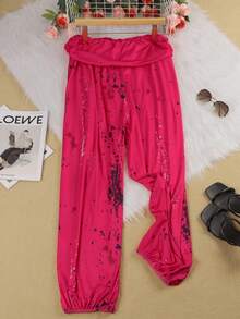 Plus Women's Printed Loose Long Pants - Hot Pink - View 2