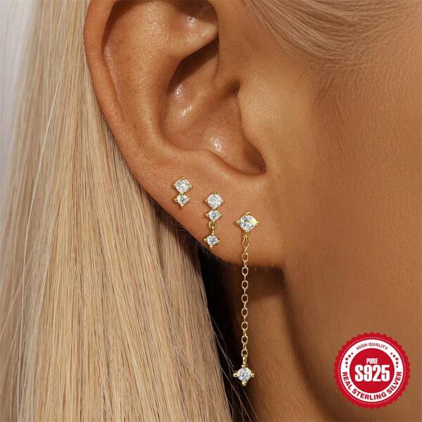 S925 Sterling Silver Cubic Zirconia Inlaid Necklace, Bracelet And Earrings Set, Classic Luxury & Elegant Versatile Jewelry