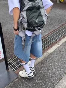 青少年复古宽松休闲牛仔短裤 - 中等水洗藍 - 查看 2