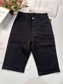 女式水洗紧身弹力牛仔骑行裤，带口袋 - 黑色 - 查看 4