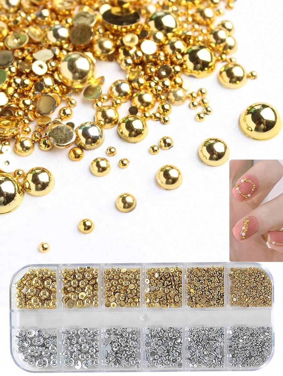 12 Grids Half Round Gold+Silver Pearls Nail Charms Metallic Flat-Back Beads Ball Mixed Size Nail Pearls Nail Gems Nail Supplies Nails - Vàng - Xem 1