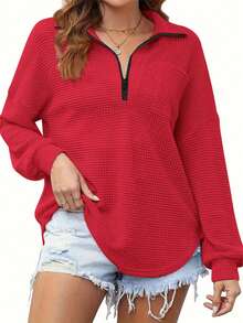 Plus Size Waffle Knit Zip Pocket Long Sleeve Top, Loose Fit, Popular European & American Autumn/Winter Style, Plus Size Spring - Red - View 2